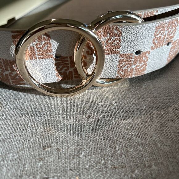 Steve Madden Logo Belt Double Ring Buckle Creme Tan Gold Faux Leather LARGE - Picture 2 of 8